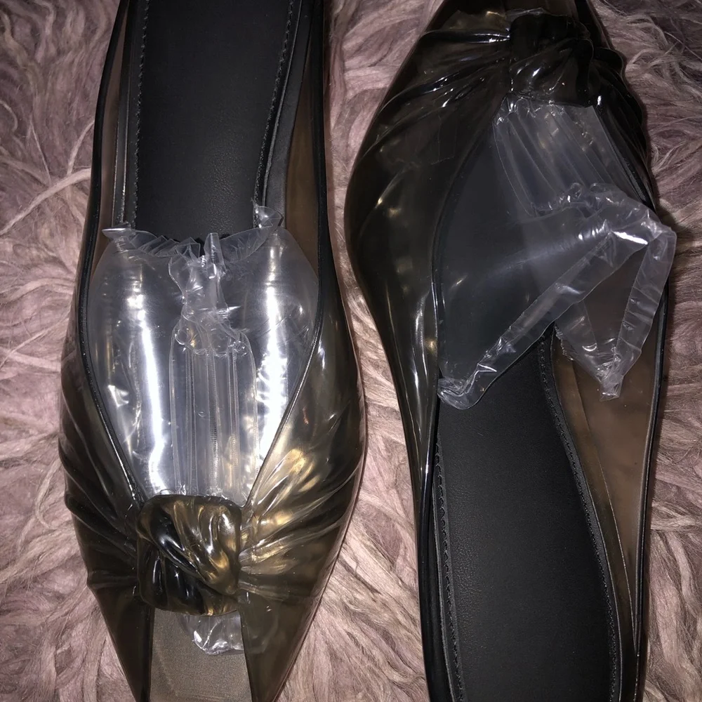 Jelly Black Puff Knot Pointed Toe Kitten Heels  (Transparent Black)